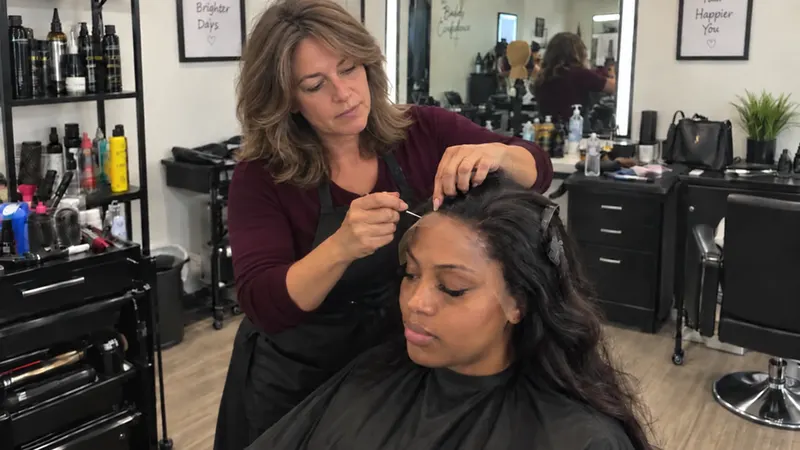 Stylist applying a lace hairpiece to a client at the salon